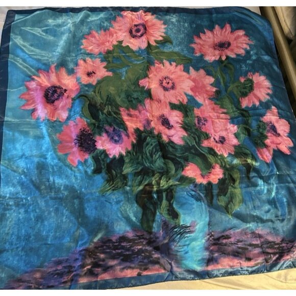 Vintage Satin Still Life Vibrant Floral Bold Art Scarf 35 x36 Square Blue Pink - Picture 3 of 8
